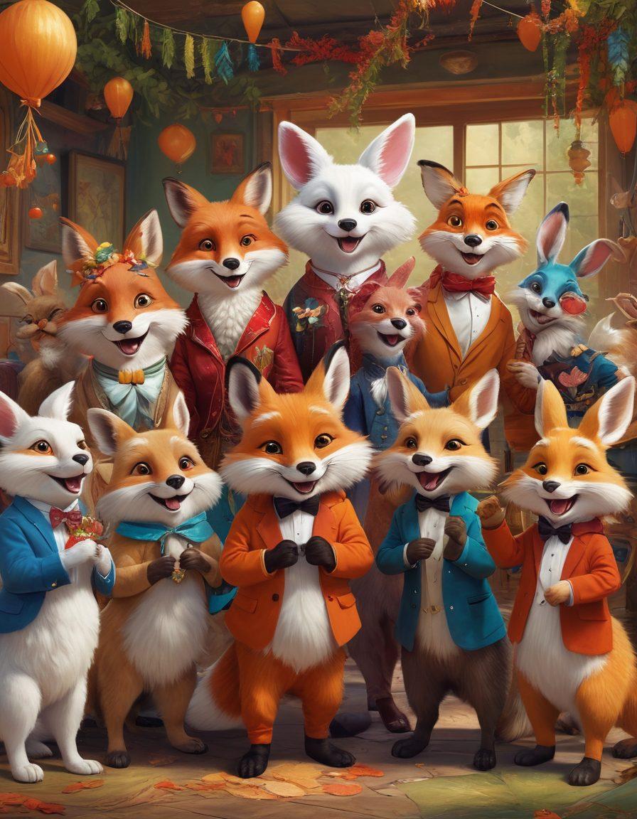 An artistic depiction of a diverse group of anthropomorphic animals engaging in playful, lighthearted scenarios that push the boundaries of traditional norms. The setting features a vibrant, colorful backdrop that represents the furry fandom community, with elements like masks, costumes, and playful interactions. The characters exhibit various emotions, reflecting curiosity and acceptance, while maintaining a whimsical feel. Emphasize a sense of community and celebration. vibrant colors. digital painting.
